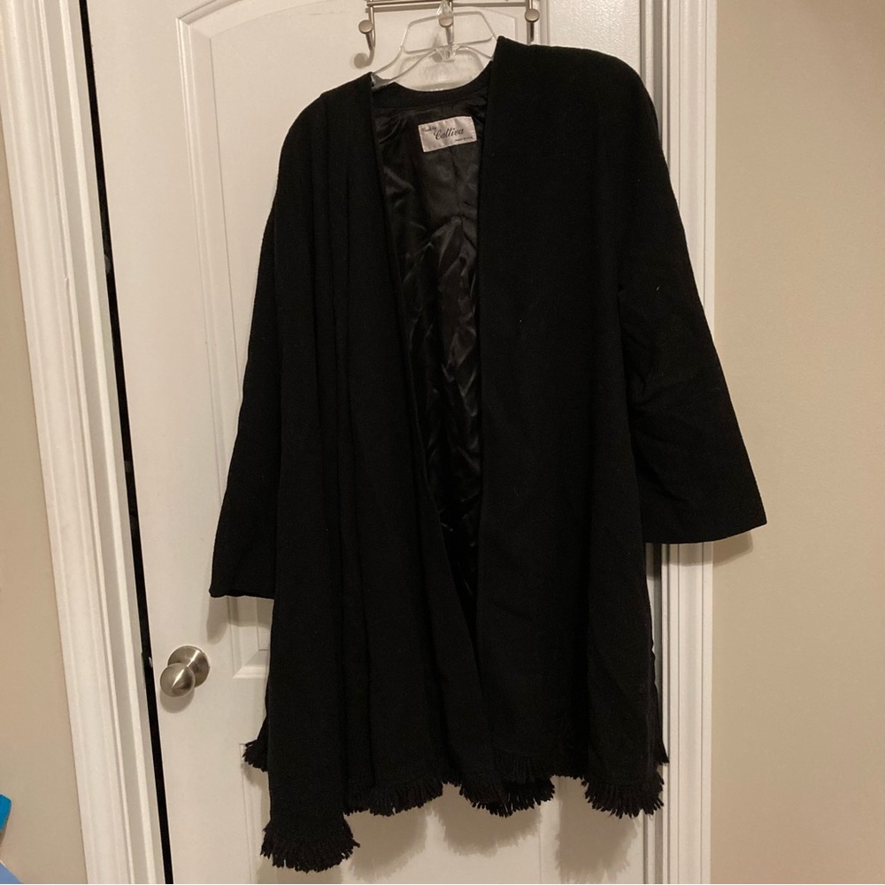 Vintage Coats by Cattiva Black Wool Open Front Fringe Swing Jacket